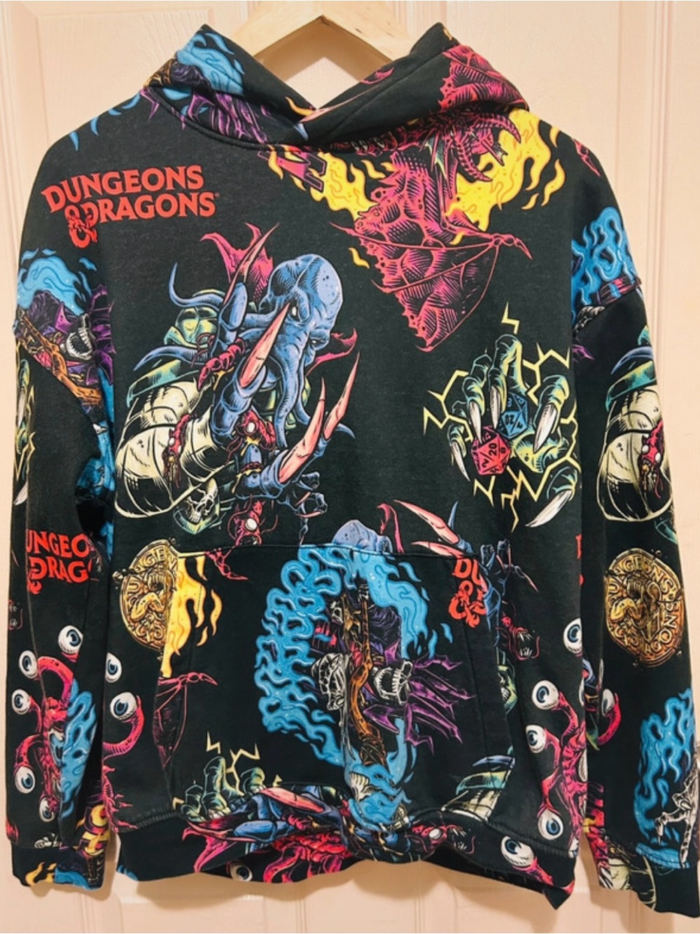 H&M Black Hoodie with Neon Blue, Purple, Pink and Yellow Monster Graphics